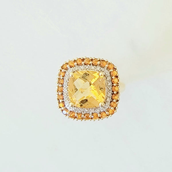 Citrine and Topaz Double Halo Yellow Gold Ring